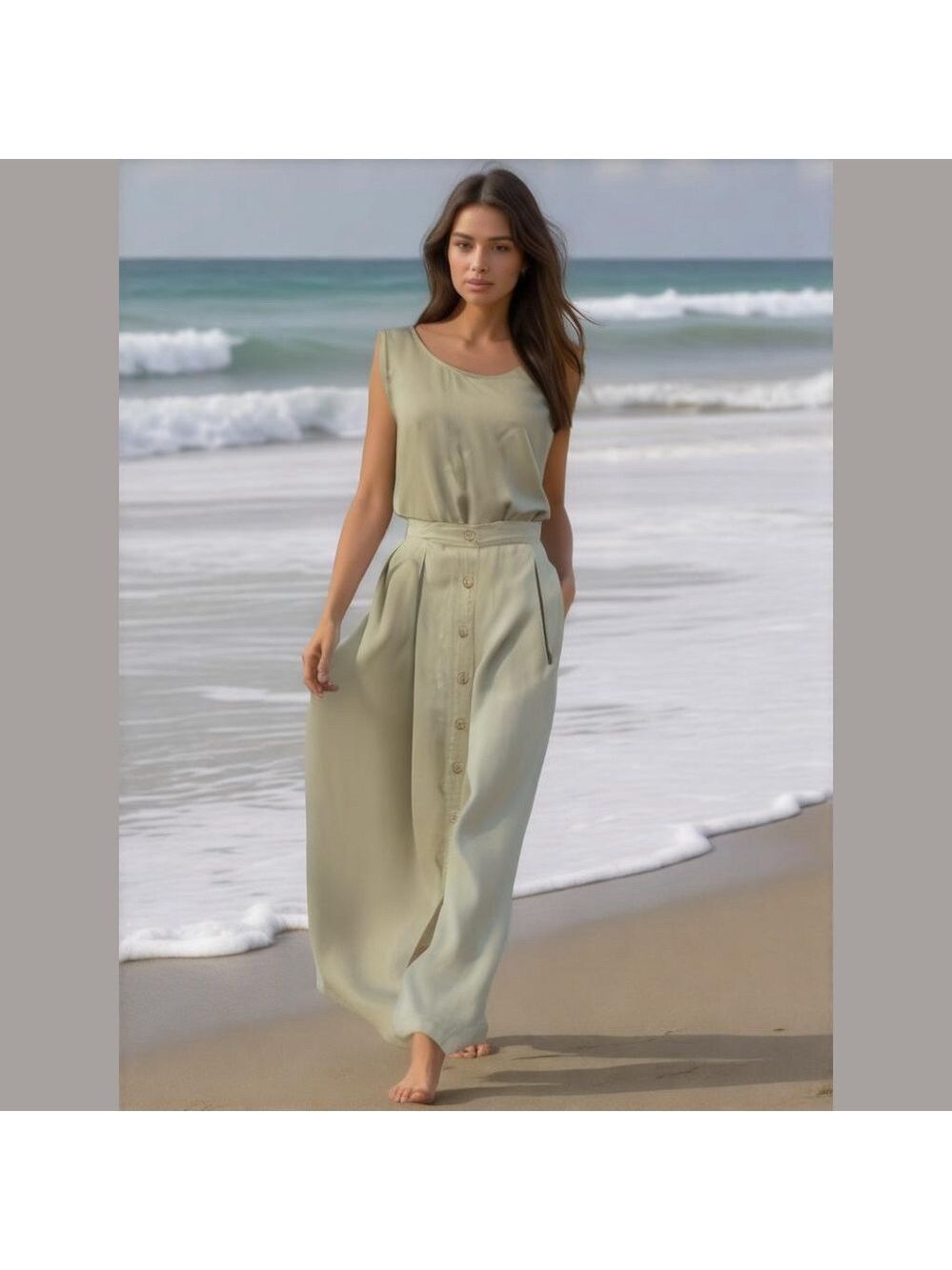 80s 2PC DEBRA DEROO SILK RIBBED PASTEL GREEN SHELL & BUTTON FRONT MAXI SKIRT L